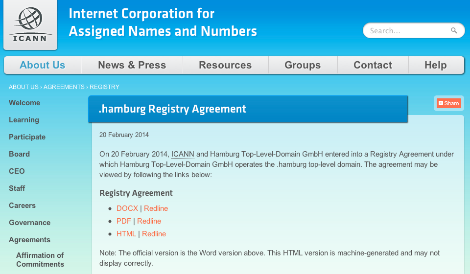 Startseite der "Internet Corporation for Assigned Names and Numbers" (ICANN)